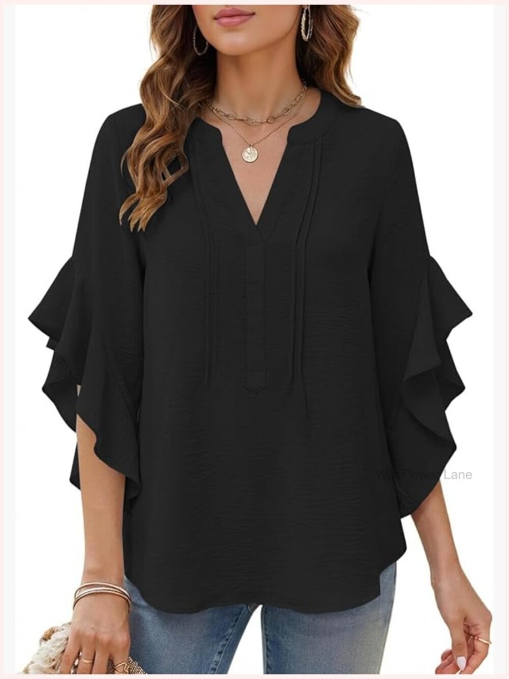 Women's Dressy Casual Blouse 3/4 Ruffle Sleeve V Neck Flowy Top